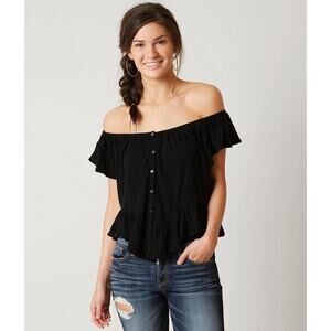 Free People Mint Julip Top Black Off The Shoulder Flowy Top L Boho Button Blouse